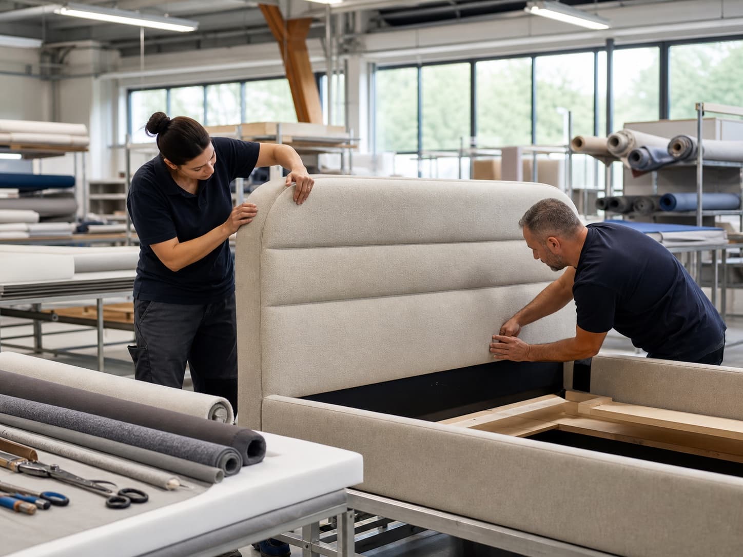 Skilled craftspeople upholstering a boxspring in a modern factory