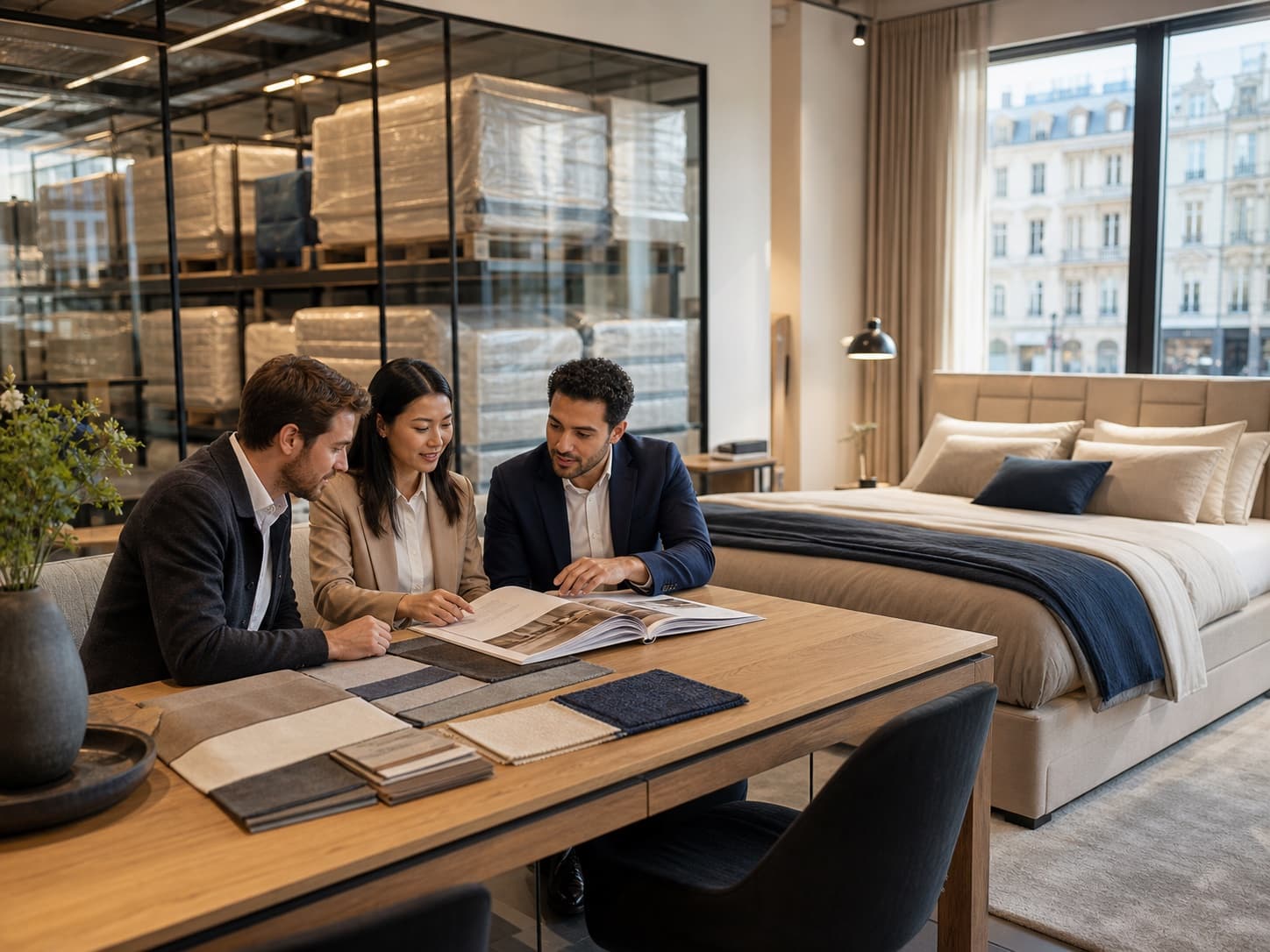 International retail partners selecting fabrics in a premium showroom