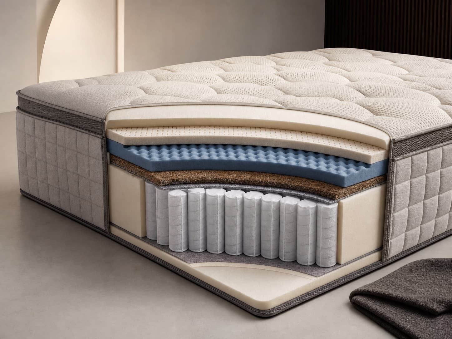 Premium mattress cutaway showing comfort layers and pocket springs